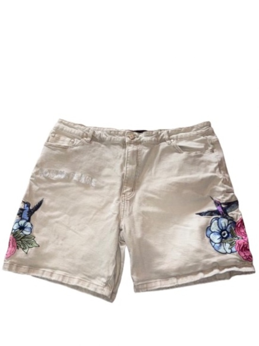 Homme Femme Cream hummingbird Floral Embroidered jean shorts size 42